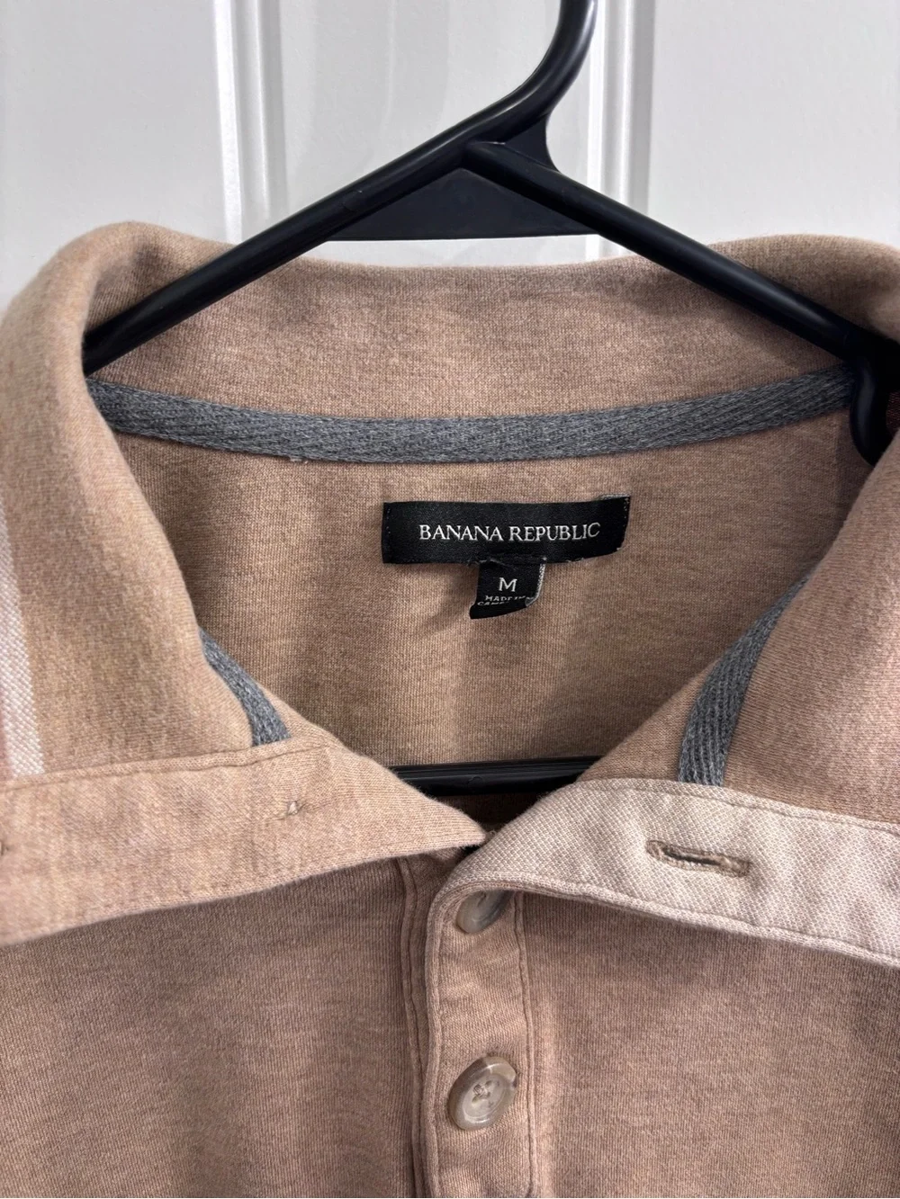 Banana Republic Long-Sleeve Polo in Taupe with Coral Trim